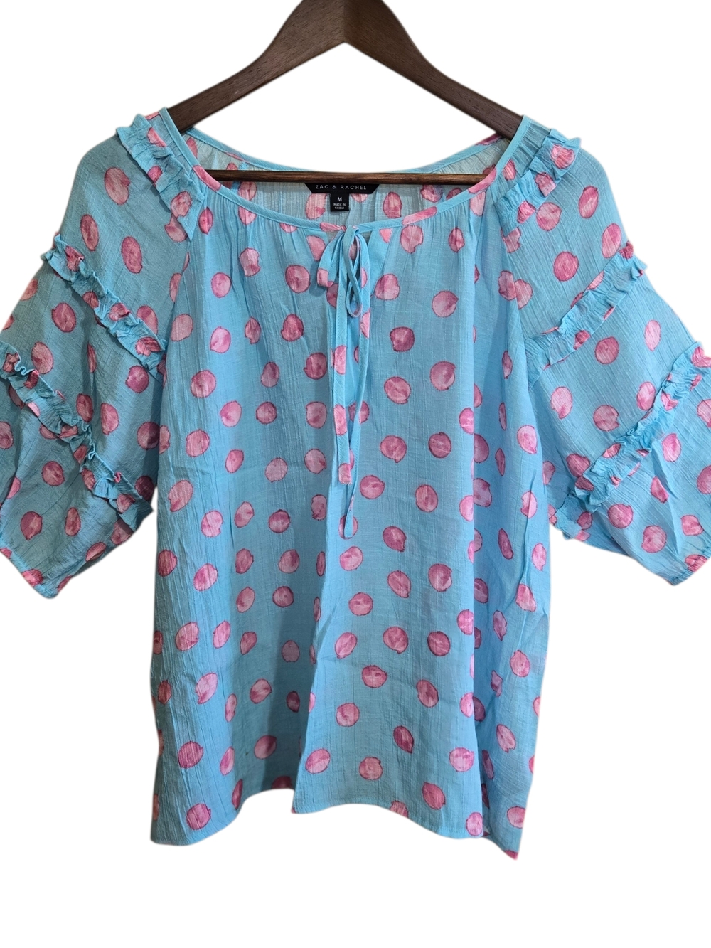 Zac & Rachel Blue Blouse with Pink Polka Dots